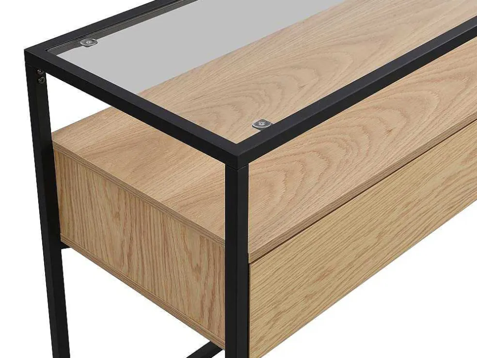 Consoletafel Met 2 Lades Van Mdf, Gehard Glas En Metaal - Licht Naturel - Camata