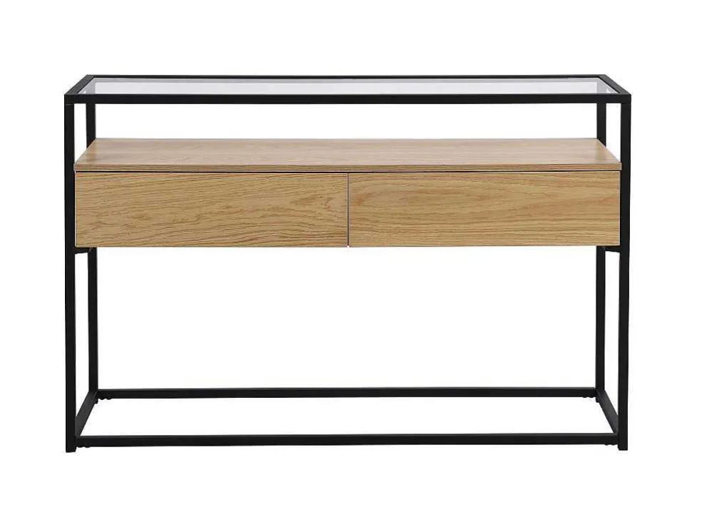 Consoletafel Met 2 Lades Van Mdf, Gehard Glas En Metaal - Licht Naturel - Camata