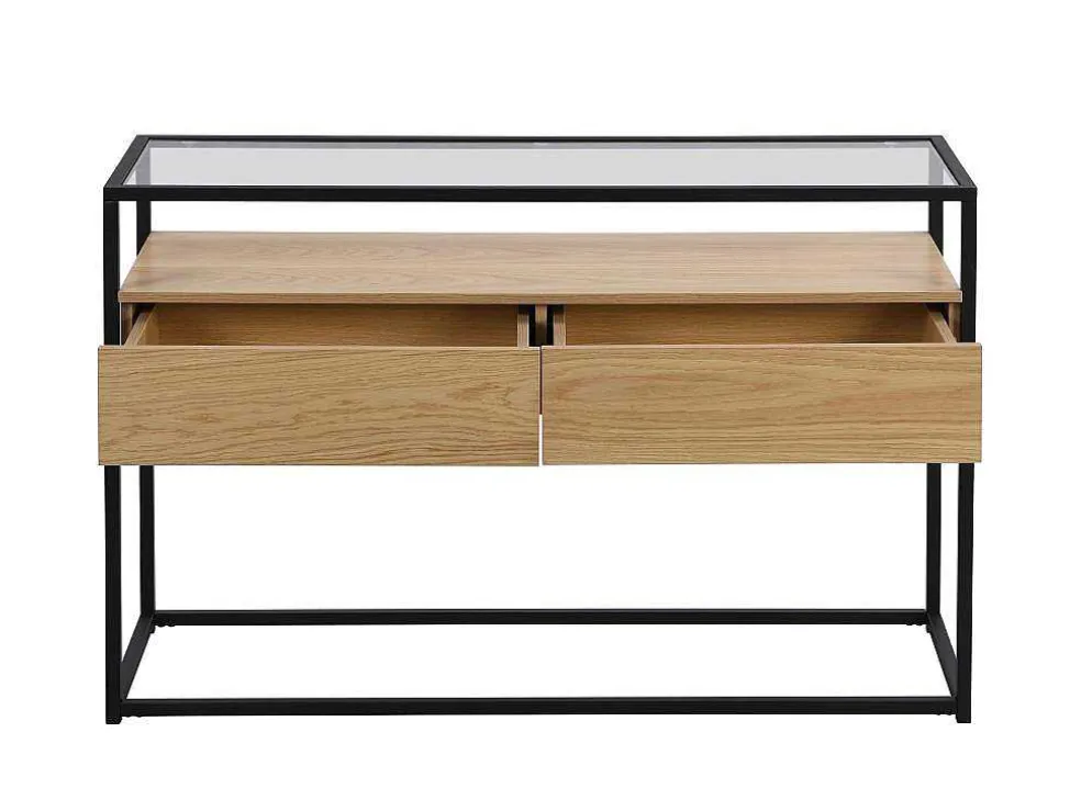Consoletafel Met 2 Lades Van Mdf, Gehard Glas En Metaal - Licht Naturel - Camata
