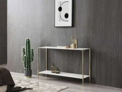 Consoletafel Met 1 Plank Van Keramiek En Metaal - Wit Marmereffect En Goud - Madola