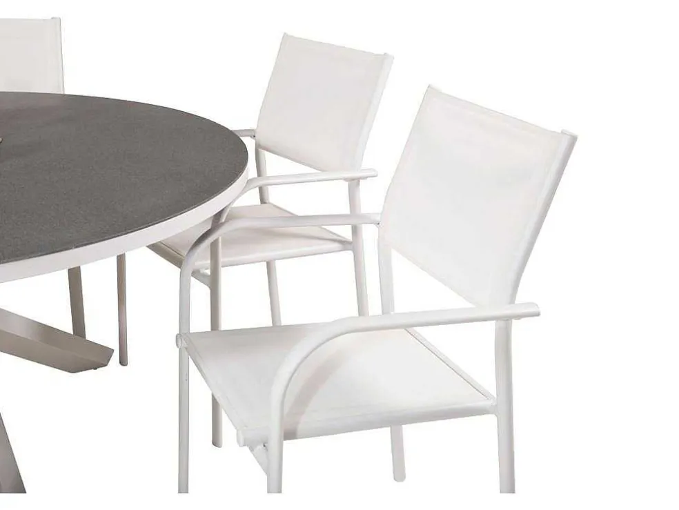 Copacabana Tuinmeubelset Tafel O140Cm En 6 Stoel Santorini Wit, Grijs, Cremekleur.