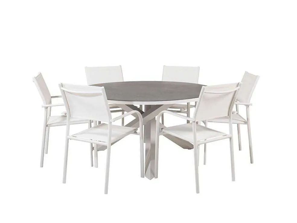 Copacabana Tuinmeubelset Tafel O140Cm En 6 Stoel Santorini Wit, Grijs, Cremekleur.