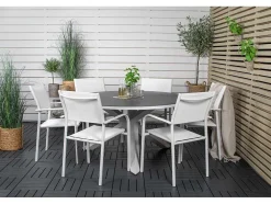 Copacabana Tuinmeubelset Tafel O140Cm En 6 Stoel Santorini Wit, Grijs, Cremekleur.