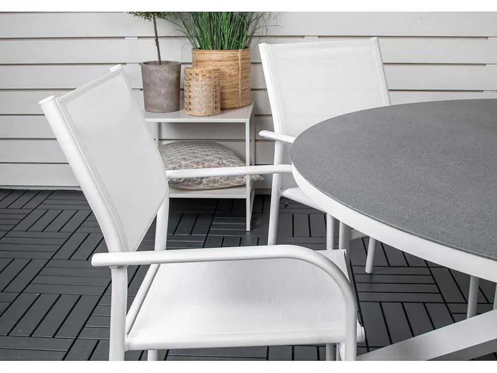 Copacabana Tuinmeubelset Tafel O140Cm En 6 Stoel Santorini Wit, Grijs, Cremekleur.
