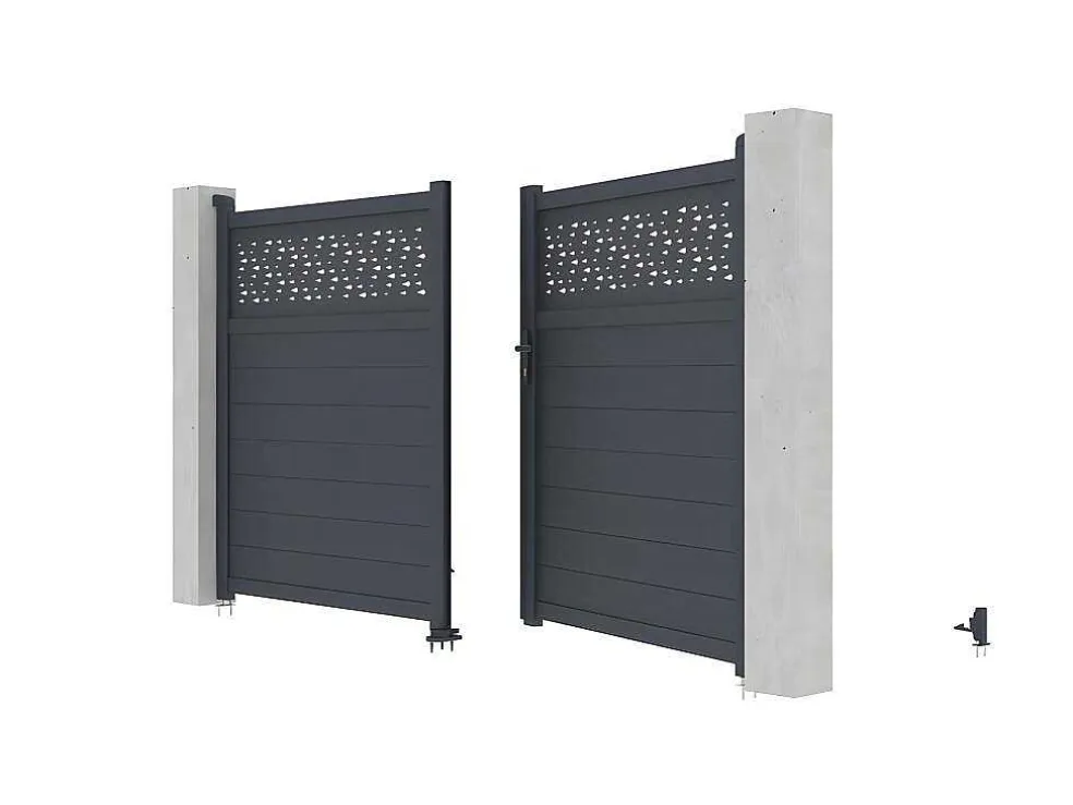 Draaipoort Van Aluminium Met Motieven - Halfopengewerkt - L. 305 X H. 182 Cm - Antraciet - Bazio