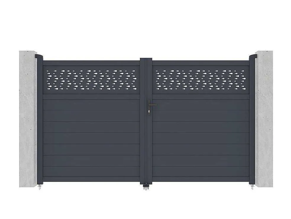 Draaipoort Van Aluminium Met Motieven - Halfopengewerkt - L. 305 X H. 182 Cm - Antraciet - Bazio