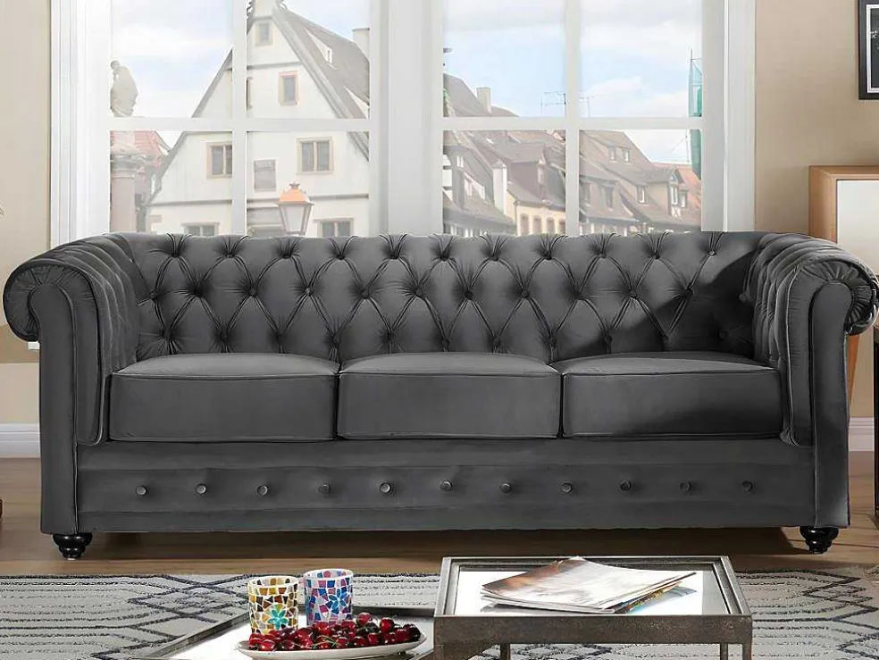 Drie- En Tweezitsbank Van Antracietkleurig Velours Chesterfield