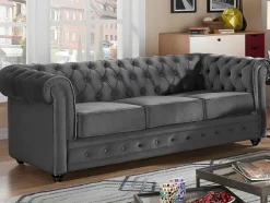 Drie- En Tweezitsbank Van Antracietkleurig Velours Chesterfield
