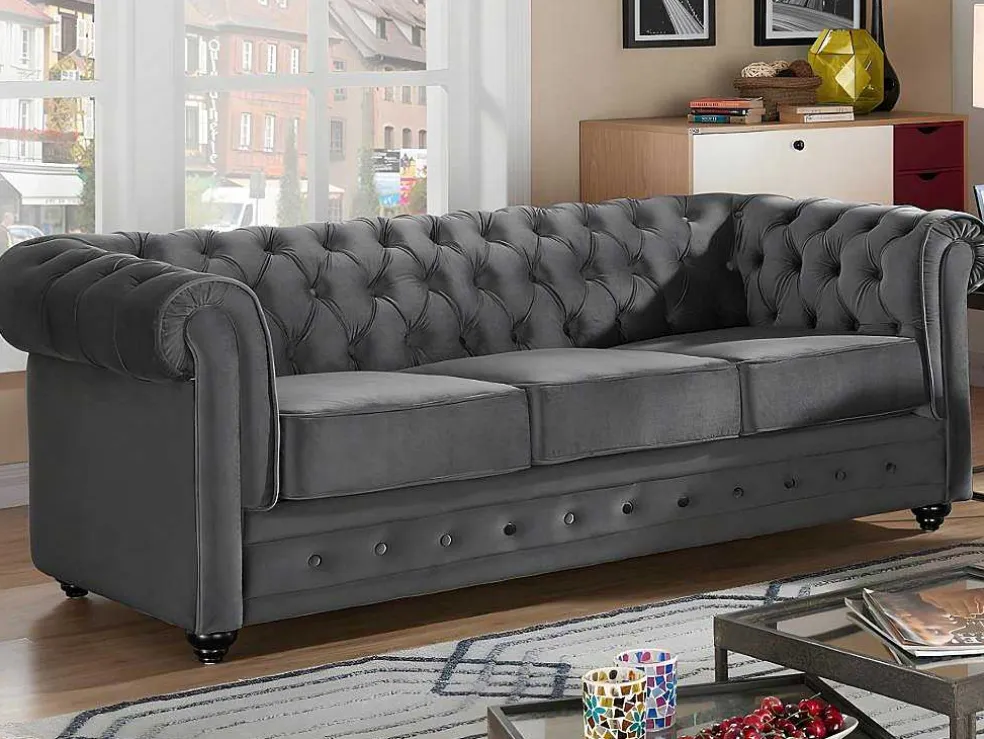 Drie- En Tweezitsbank Van Antracietkleurig Velours Chesterfield