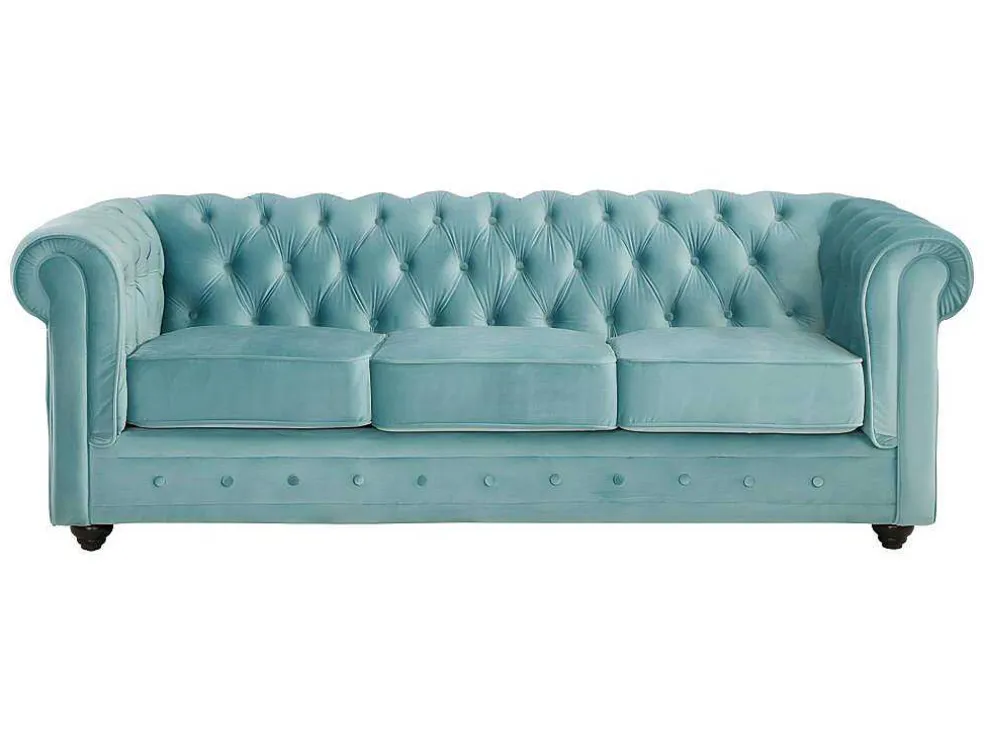 Drie- En Tweezitsbank Van Pastelblauw Velours Chesterfield