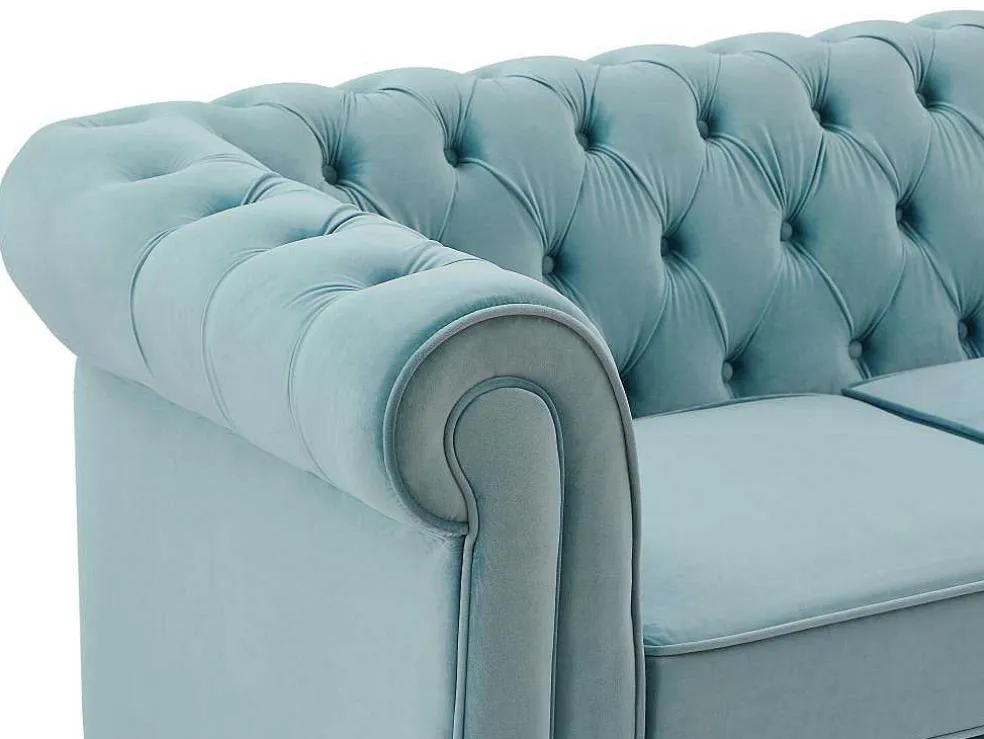 Drie- En Tweezitsbank Van Pastelblauw Velours Chesterfield