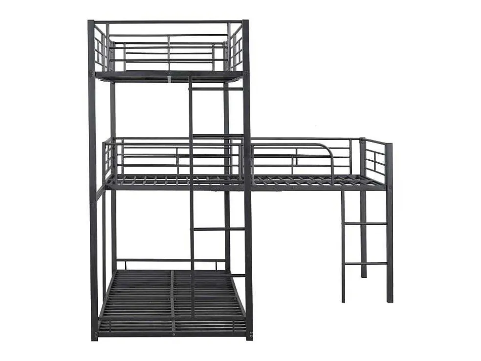 Driedubbele Stapelbedden 90 X 200 Cm - Hoge Reling En Ladder - Metaal - Zwart