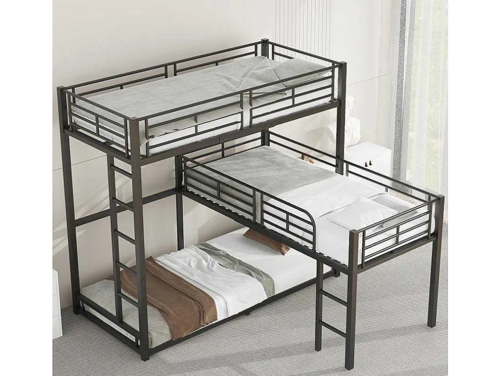 Driedubbele Stapelbedden 90 X 200 Cm - Hoge Reling En Ladder - Metaal - Zwart