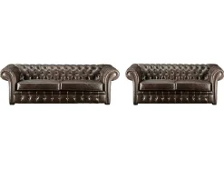 Driezits- En Tweezitsbank Chesterfield Clotaire Van 100% Leer Met Lived-In Aspect