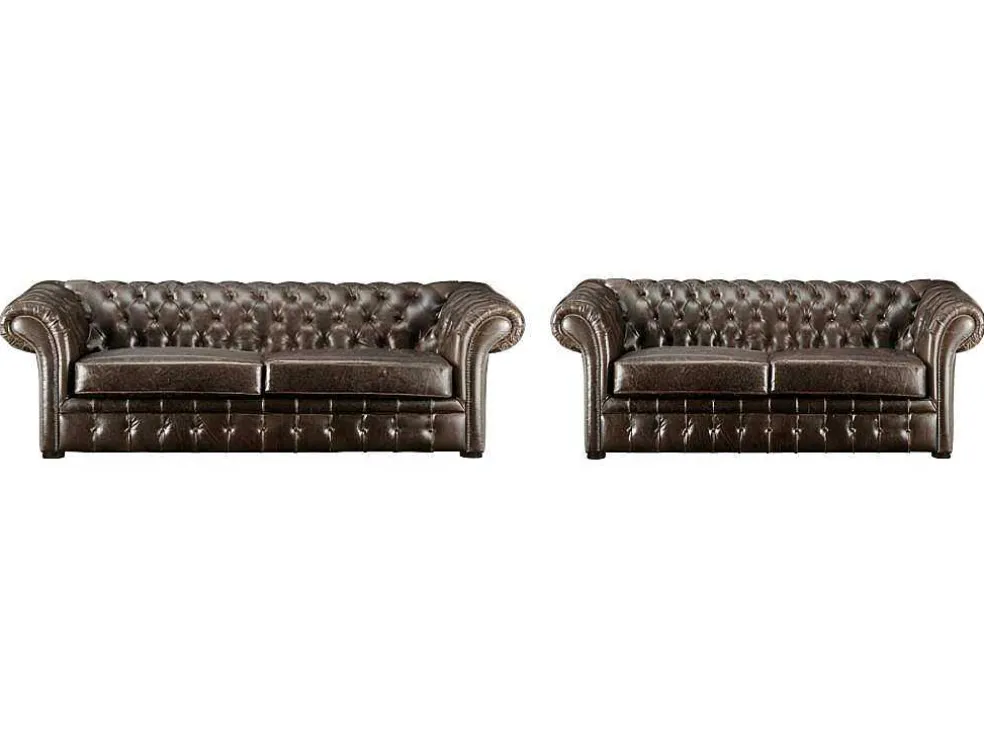 Driezits- En Tweezitsbank Chesterfield Clotaire Van 100% Leer Met Lived-In Aspect