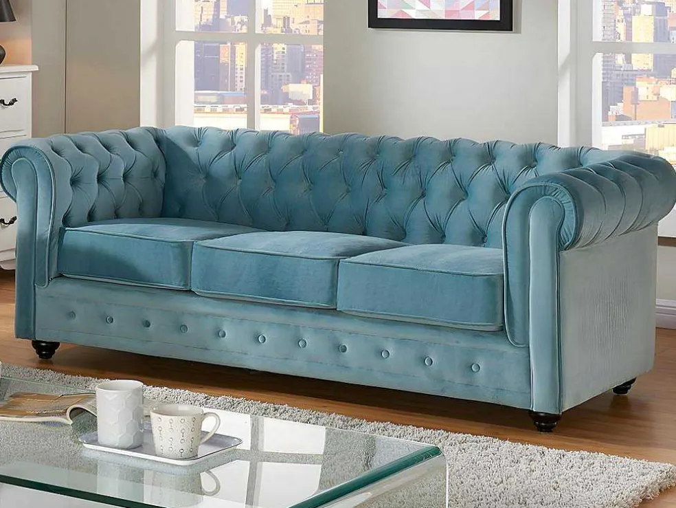 Driezitsbank En 2 Fauteuils Chesterfield - Fluweel - Pastel Blauw
