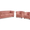 Driezitsbank En 2 Fauteuils Chesterfield - Fluweel - Pastel Roze