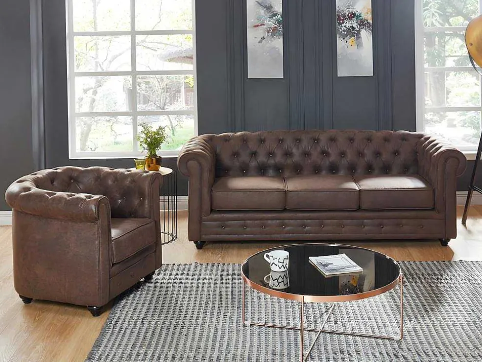 Driezitsbank En Fauteuil Chesterfield Van Microvezel Met Vintage Look