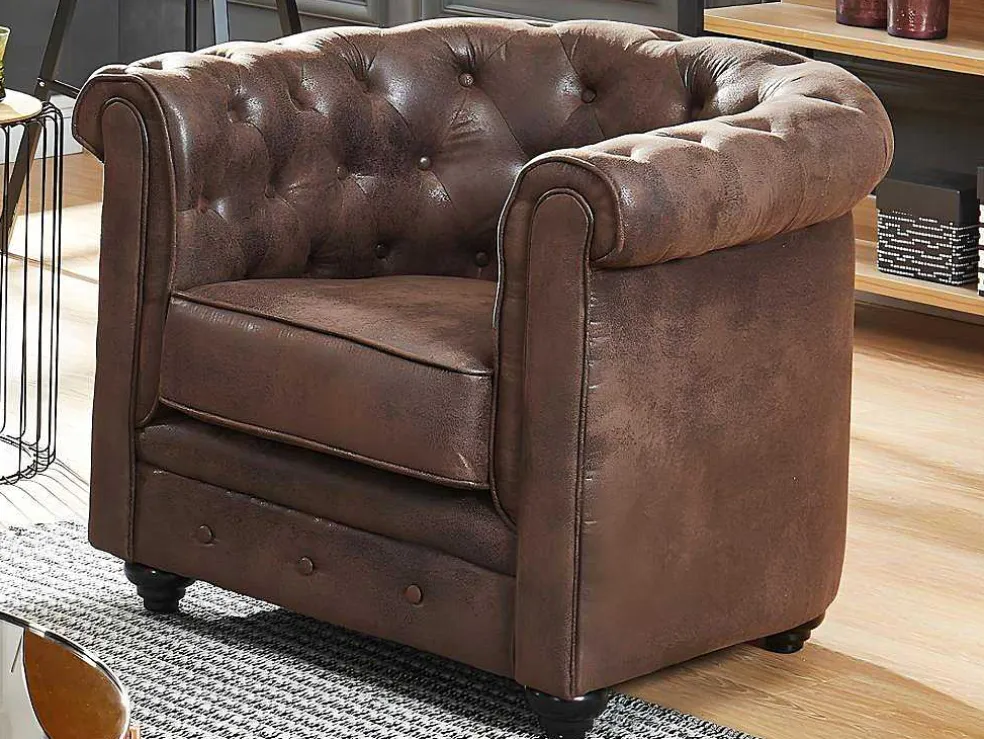 Driezitsbank En Fauteuil Chesterfield Van Microvezel Met Vintage Look
