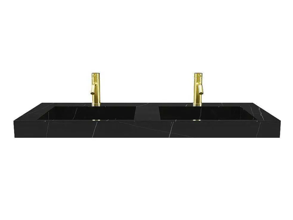 Dubbele Hangwasbak In Solid Surface Met De Look Van Zwart Marmer - L120,2 X B45,2 X H8 Cm - Takotna