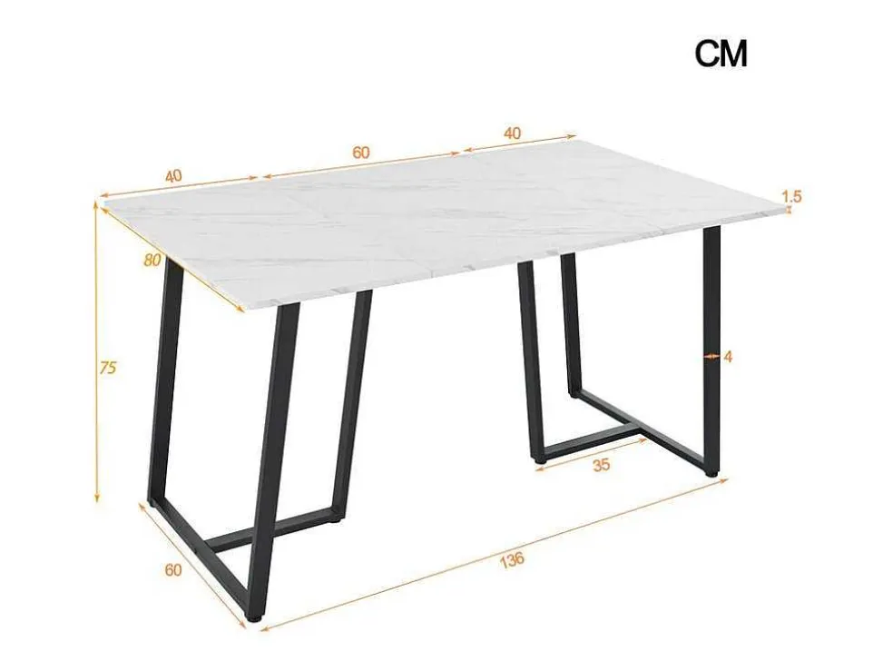 Eettafel 140X80 Cm - Metalen Structuur - Marmerpatroon Fineer - Wit & Zwart