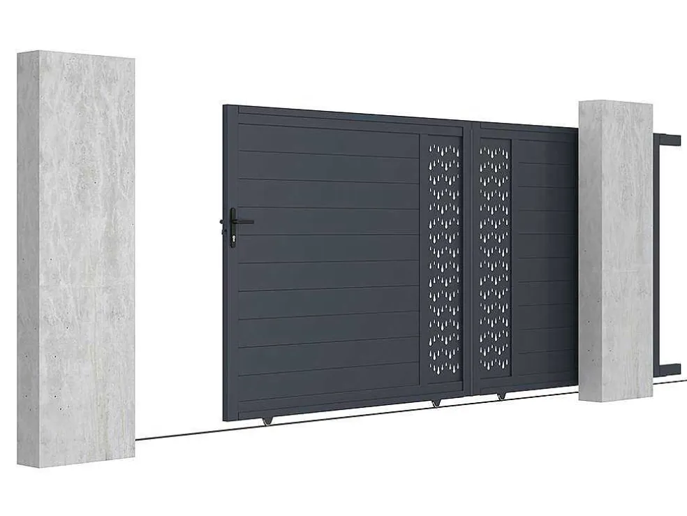Elektrische Schuifpoort Van Aluminium Met Motieven - Halfopengewerkt - L.416 X H.180 Cm - Antraciet - Gregor