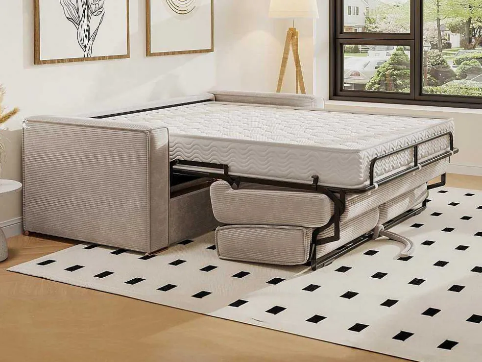 Express-Vierzitsslaapbank Van Beige Ribfluweel - Bed Met Brede Latten 160 Cm - Matras 22 Cm Loreto