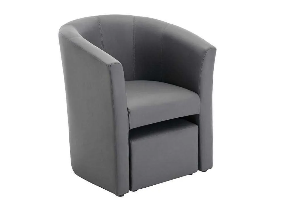 Fauteuil Met Holle Rugleuning En Poef In Grijs Kunstleer Jovana