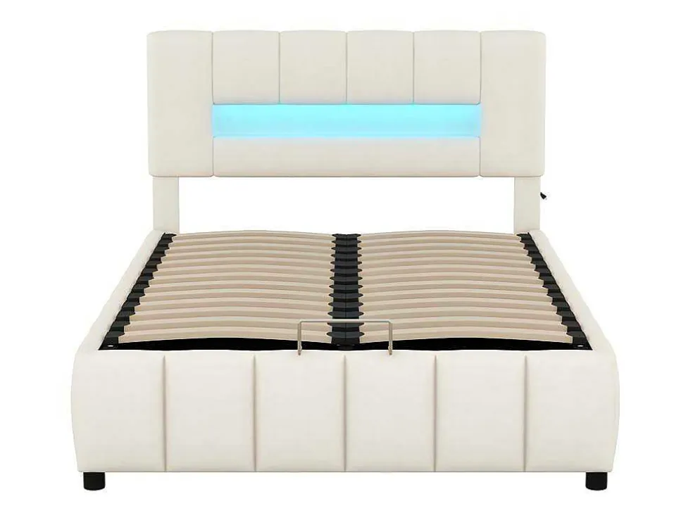 Fluwelen Opbergbed Met Led En Lattenbodem - 140X200Cm - Beige