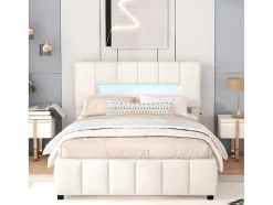Fluwelen Opbergbed Met Led En Lattenbodem - 140X200Cm - Beige