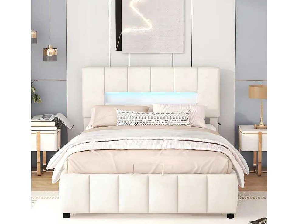 Fluwelen Opbergbed Met Led En Lattenbodem - 140X200Cm - Beige