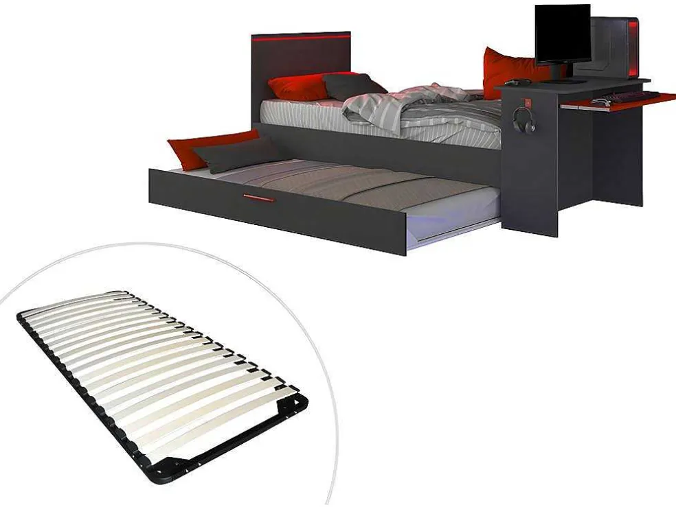 Gamer Bed 2 X 90 X 200 - Met Bureau - Led'S - Antraciet En Rood + Bedbodem - Vouani