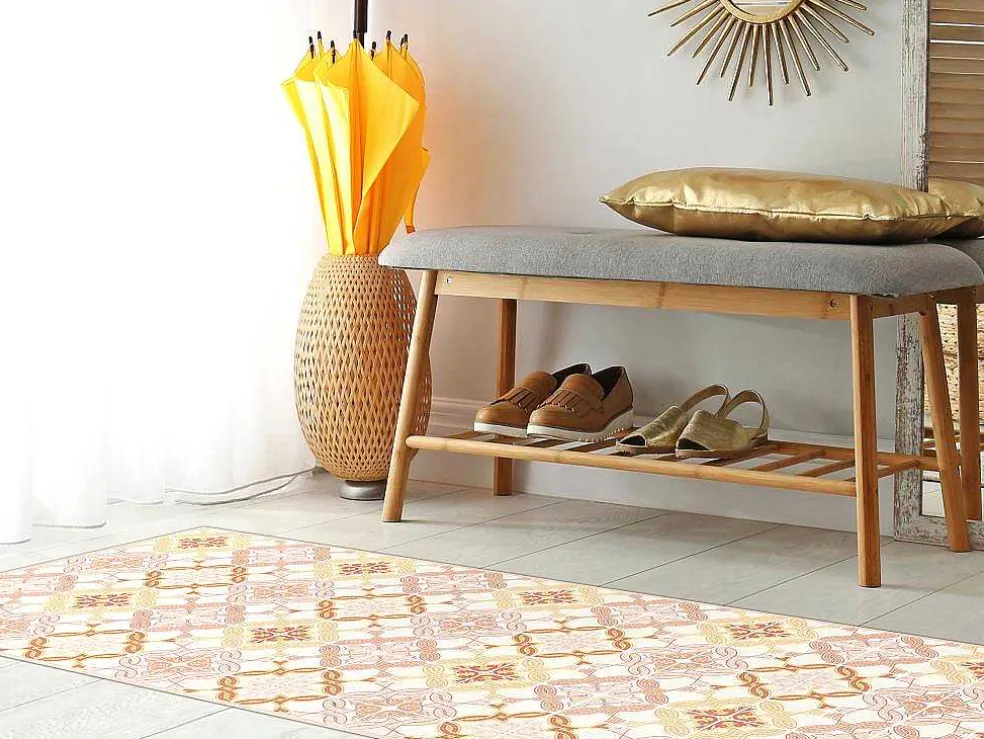 Gangtapijt Van Vinyl Met Cementtegeleffect - 66 X 160 Cm - Oranje En Roze - Eloza