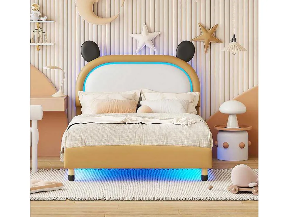 Gestoffeerd Bed Met Verstelbaar Hoofdbord 140 X 200 Cm - Led'S - Pu Leer - Geel + Bruin