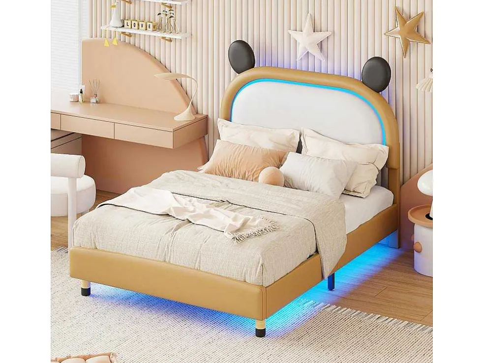 Gestoffeerd Bed Met Verstelbaar Hoofdbord 140 X 200 Cm - Led'S - Pu Leer - Geel + Bruin