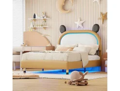 Gestoffeerd Bed Met Verstelbaar Hoofdbord 140 X 200 Cm - Led'S - Pu Leer - Geel + Bruin