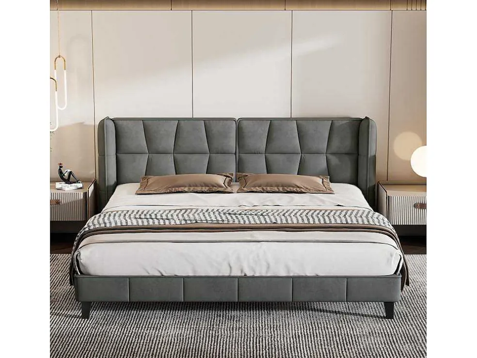 Gestoffeerd Bed 160X200Cm In Fluweel Met Lattenbodem - Grijs