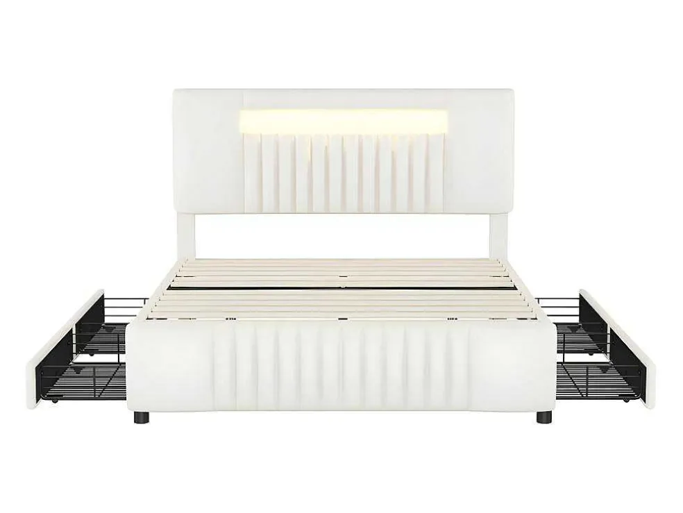 Gestoffeerd Bed 140X200Cm Met 4 Lades - Met Led + Usb Oplaadpoort + Lezer - Beige