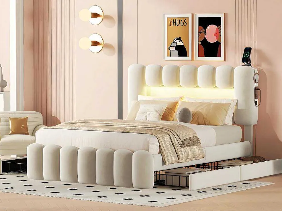 Gestoffeerd Bed 140X200Cm Met 4 Lades - Met Led + Usb Oplaadpoort + Lezer - Beige
