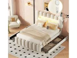 Gestoffeerd Bed 140X200Cm Met 4 Lades - Met Led + Usb Oplaadpoort + Lezer - Beige