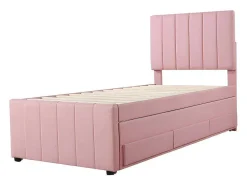 Gestoffeerd Linnen Bed 90X200Cm - Met Onderschuifbed Op Wielen En 3 Lades - Roze