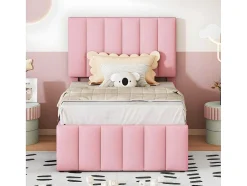 Gestoffeerd Linnen Bed 90X200Cm - Met Onderschuifbed Op Wielen En 3 Lades - Roze