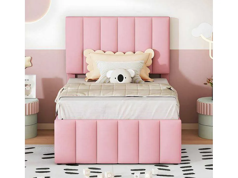 Gestoffeerd Linnen Bed 90X200Cm - Met Onderschuifbed Op Wielen En 3 Lades - Roze