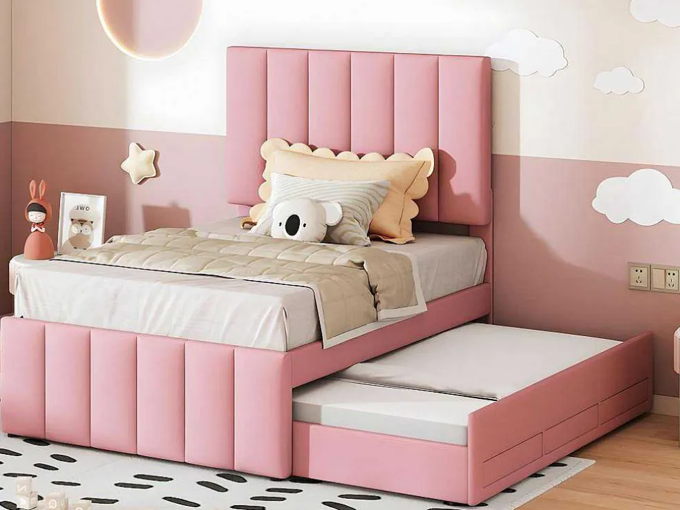 Gestoffeerd Linnen Bed 90X200Cm - Met Onderschuifbed Op Wielen En 3 Lades - Roze