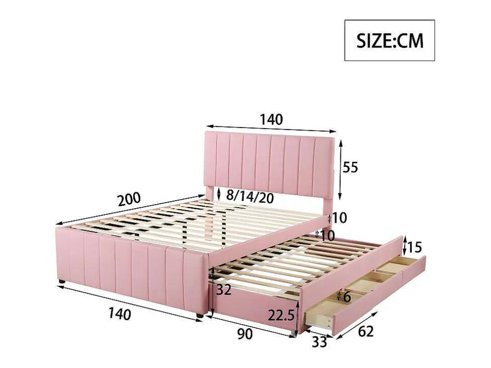 Gestoffeerd Linnen Bed 140X200Cm - Met Onderschuifbed Op Wielen En 3 Lades - Roze
