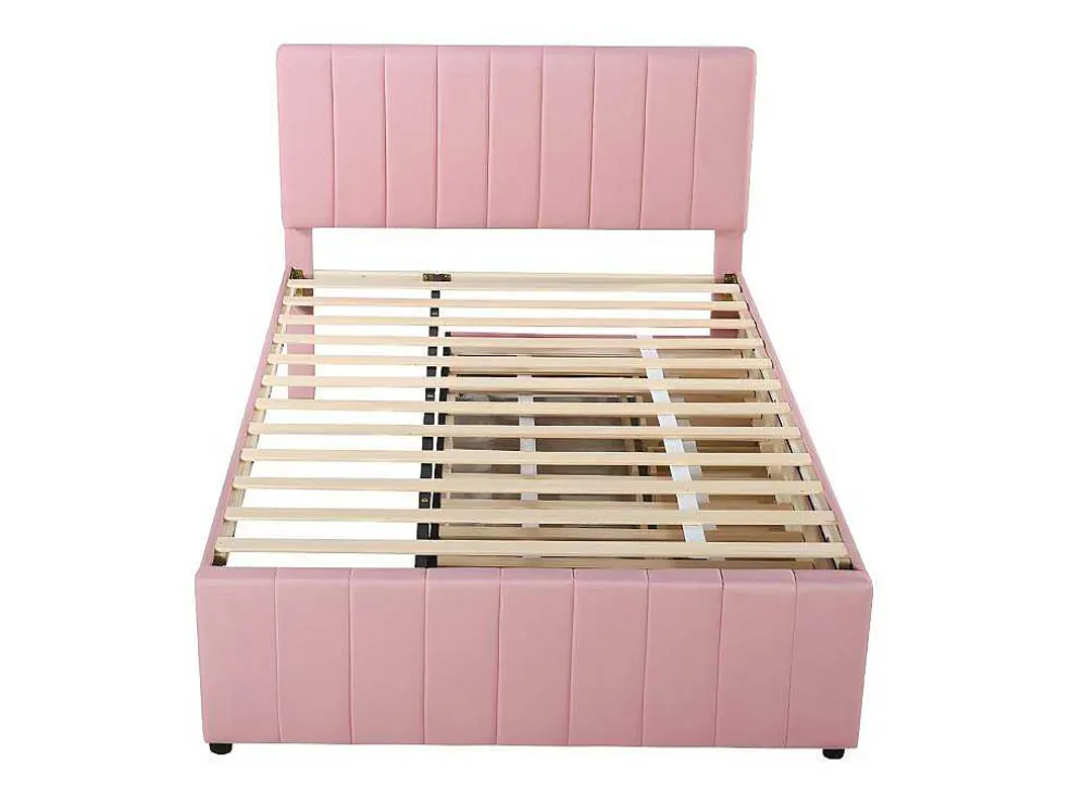 Gestoffeerd Linnen Bed 140X200Cm - Met Onderschuifbed Op Wielen En 3 Lades - Roze