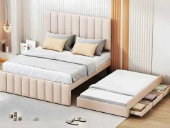 Gestoffeerd Linnen Bed 140X200Cm - Met Onderschuifbed Op Wielen En 3 Lades - Beige