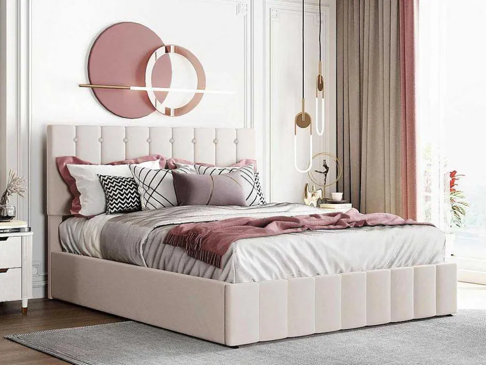 Gestoffeerd Opbergbed - 140X200Cm - Stof Fluweel - Beige