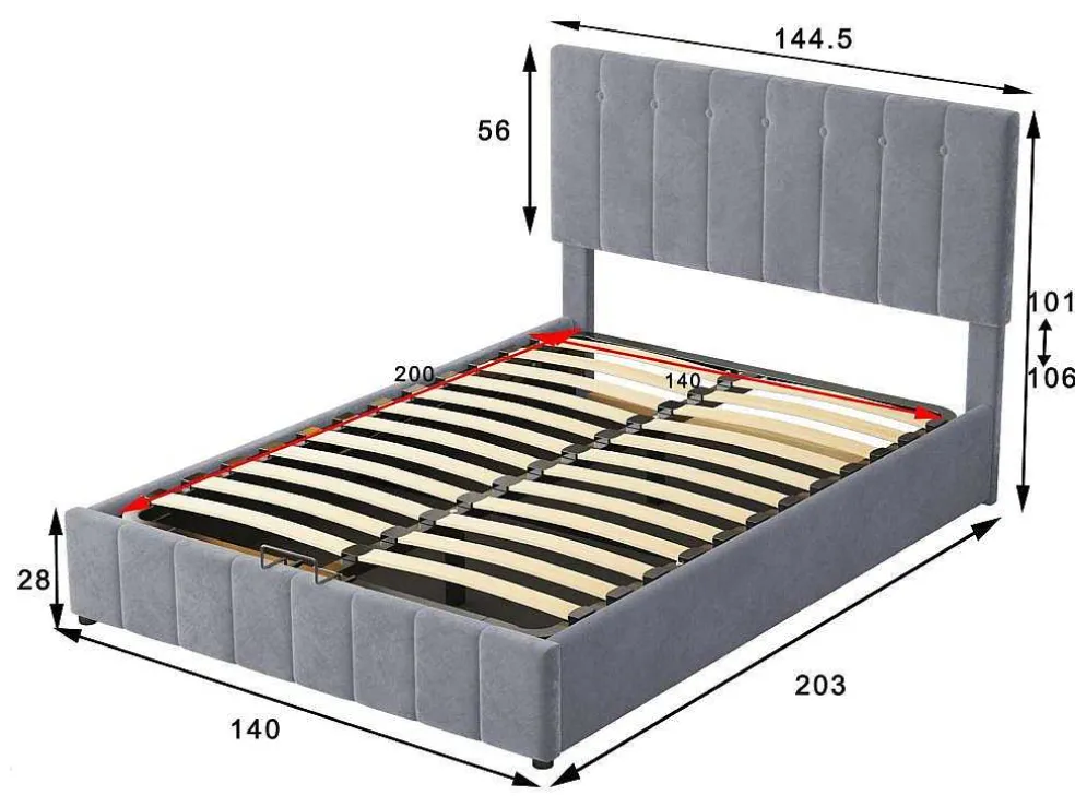 Gestoffeerd Opbergbed - 140X200Cm - Fluwelen Stof - Grijs
