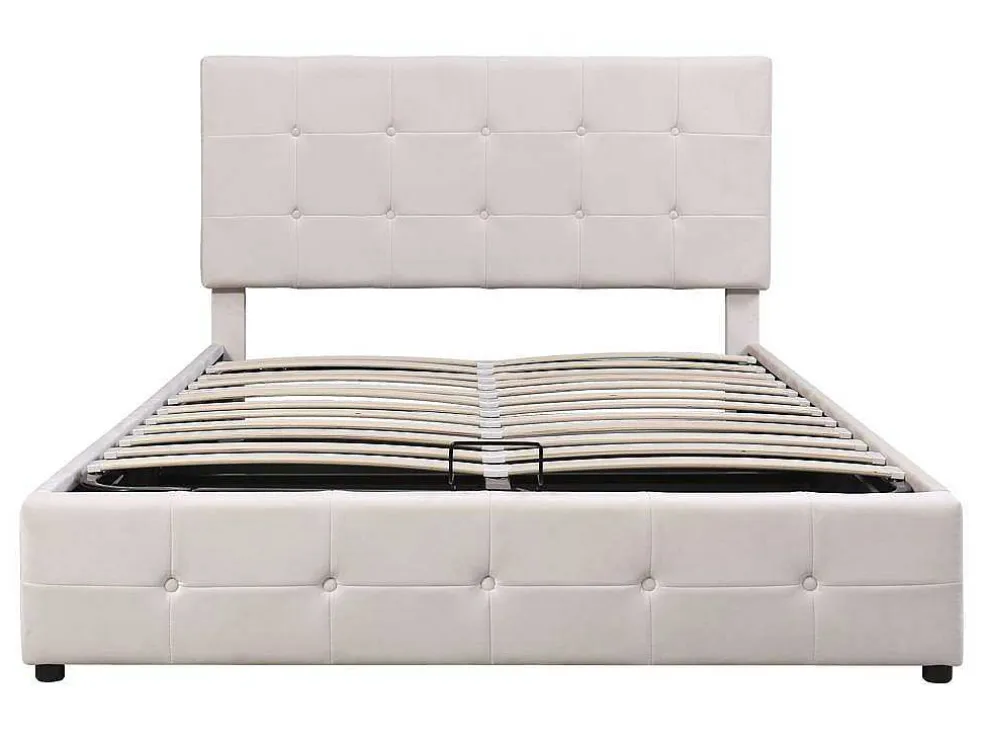 Gestoffeerd Opbergbed - 140X200Cm - Fluwelen Stof - Verstelbaar Blokpatroon Hoofdeinde - Creme